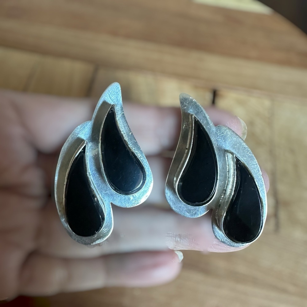 Juan Sandoval Taxco Clip Earrings 2" Black Onyx 925 Sterling 26.4g AS IS READ